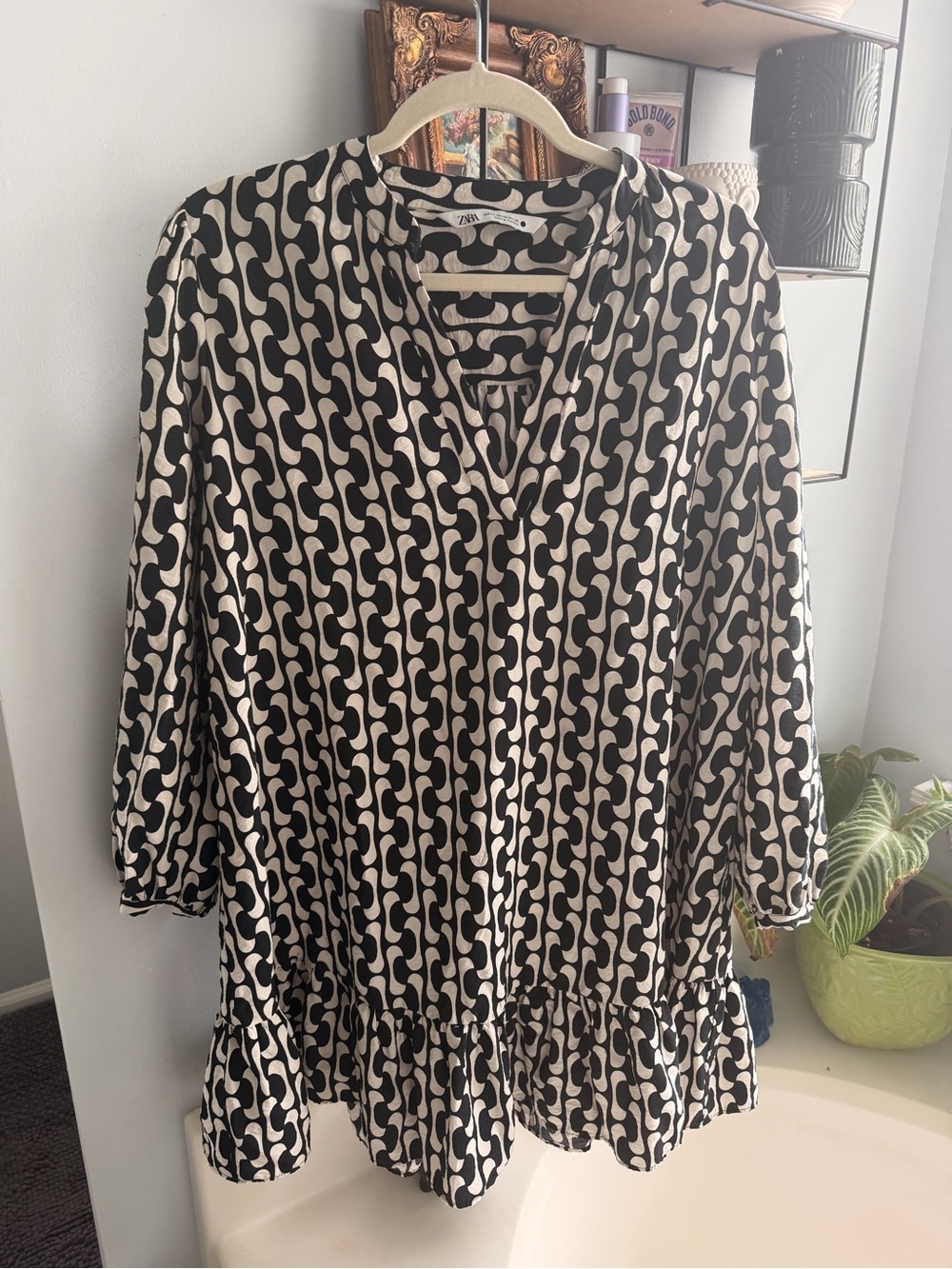 Zara Black & White Abstract Print Drop-Waist Mini Dress Size XS